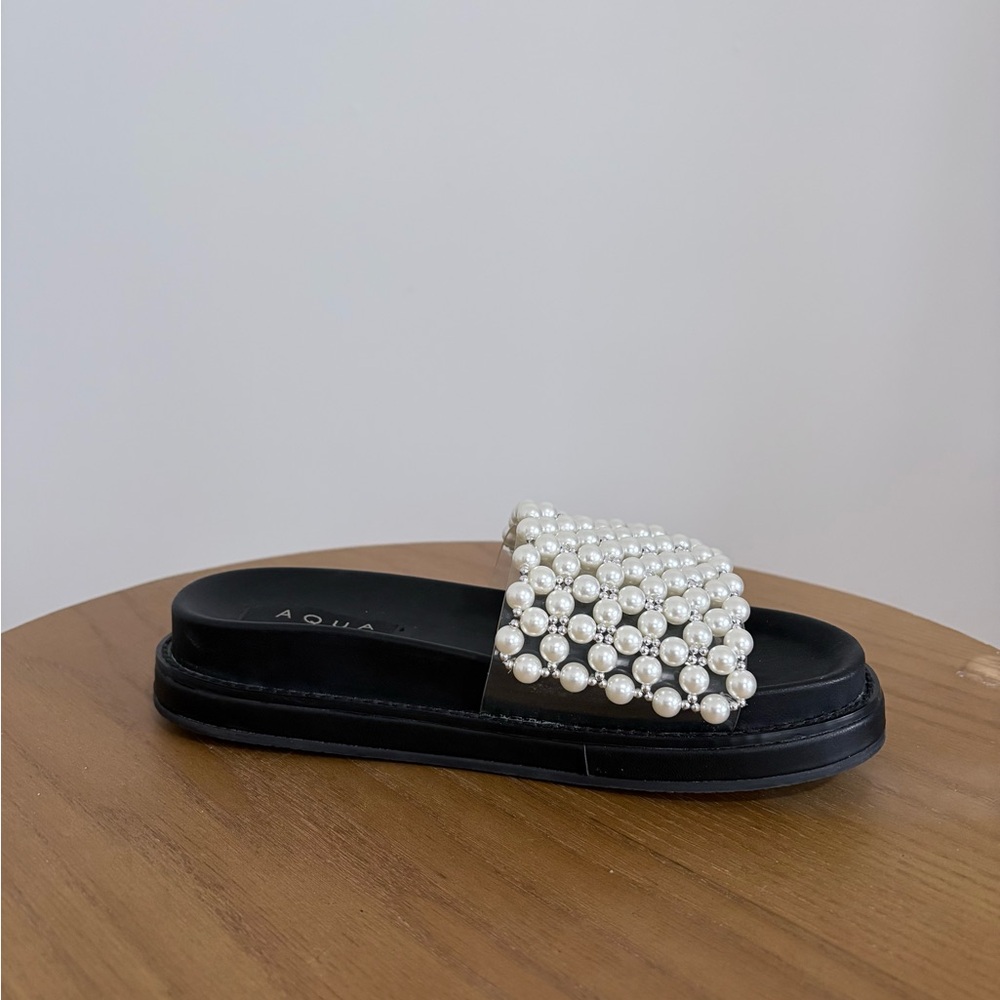 AQUA Black Sandals with Pearl Accents